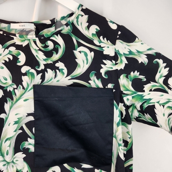 TOME Black Green Silk Leaf Print Open Back Top S in VGUC - Picture 2 of 9